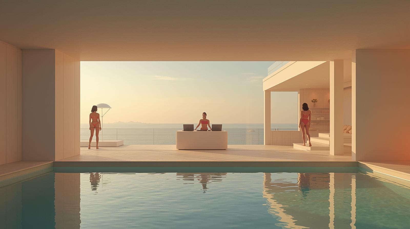 Minimalist and clean photography capturing a futuristic DJ booth within a modern villa, overlooking a serene swimming pool on a bright, sunny summer day. Subtle silhouettes of Pacific Islander  (1)